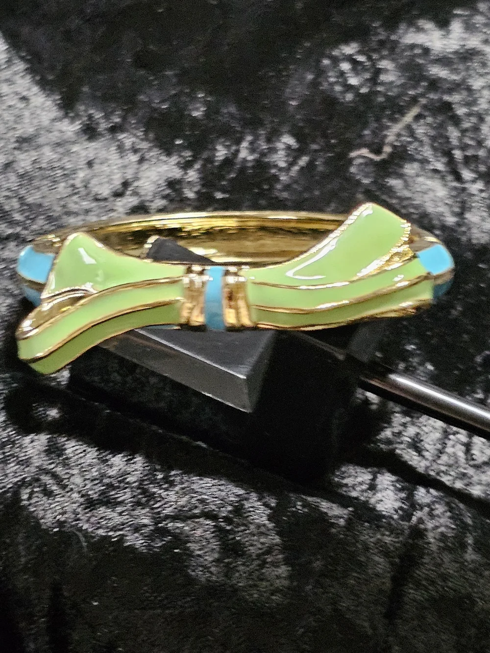 Gold-Plated Bow Bracelet with Green and Turquoise Enamel - Women Jewelry